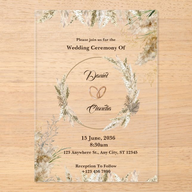 Custom brown & cream wedding acrylic invitations (Front)