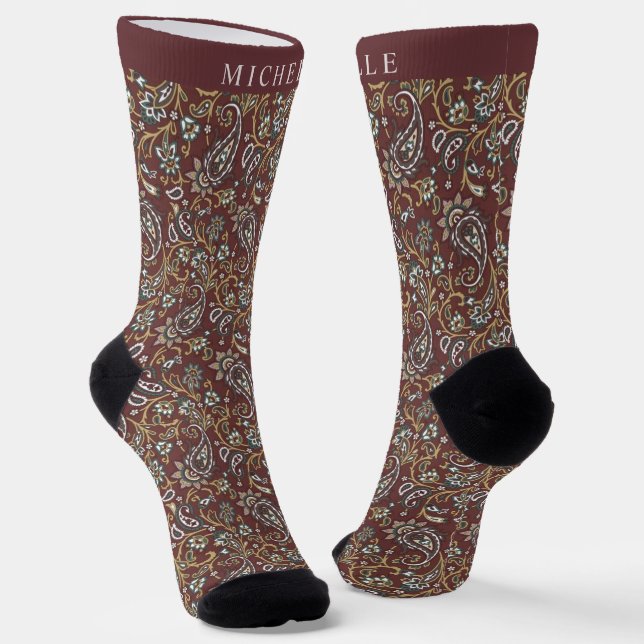 Custom Brown Grey White Paisley Pattern Socks (Angled)