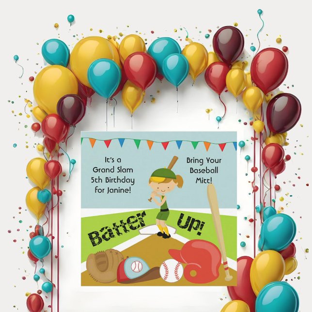 Custom Brown Hair Girls Baseball Birthday Invite (Creator Uploaded)