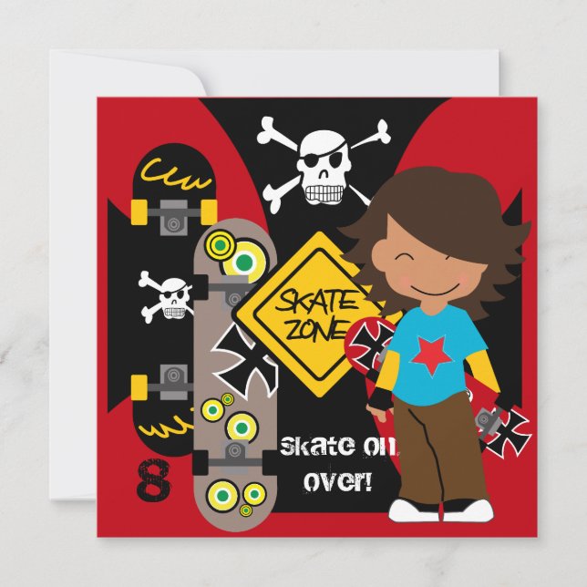 Custom Brunette Skateboarding Birthday Invitation (Front)