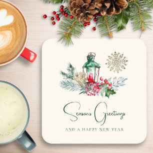 Custom Brush Pines Lantern Modern Christmas Party Square Paper Coaster