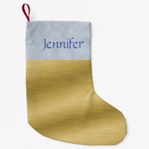 Custom Brushed Gold Look with Blue Trim Small Christmas Stocking