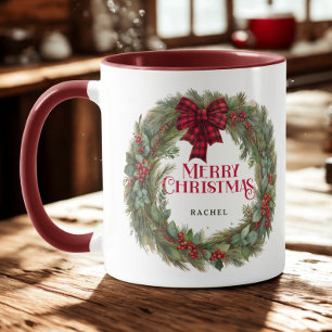Custom Buffalo Plaid Farmhouse Christmas Wreath    Mug