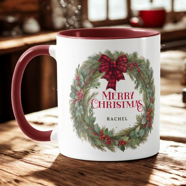 Custom Buffalo Plaid Farmhouse Christmas Wreath    Mug (Creator Uploaded)
