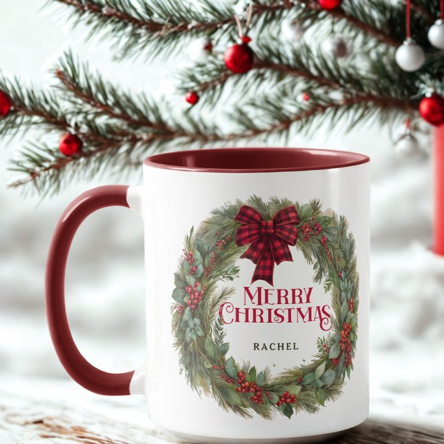 Custom Buffalo Plaid Farmhouse Christmas Wreath    Mug (Creator Uploaded)
