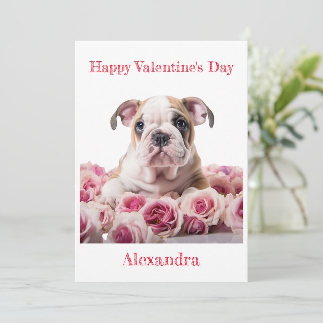 Custom Bulldog Puppy with Pink Roses Valentine Holiday Card (Standing Front)