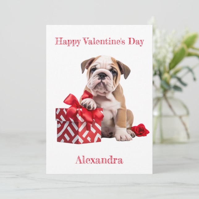 Custom Bulldog with Red Gift Box Valentine Holiday Card (Standing Front)