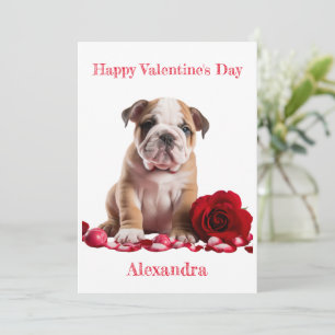 Custom Bulldog with Rose with Hearts Valentine Holiday Card