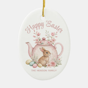 Custom Bunny & Pink Floral Teapot Happy Easter Ceramic Tree Decoration