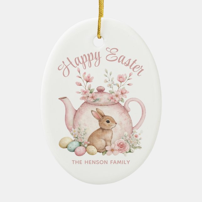 Custom Bunny & Pink Floral Teapot Happy Easter Ceramic Tree Decoration (Front)