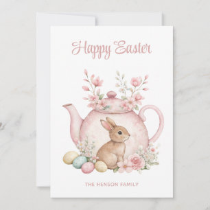 Custom Bunny & Pink Floral Teapot Happy Easter Holiday Card
