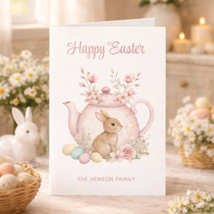 Custom Bunny & Pink Floral Teapot Happy Easter Holiday Card
