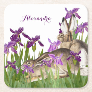 Custom Bunny Rabbit Purple Iris Floral  Square Paper Coaster
