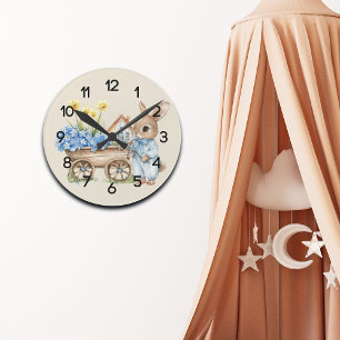 Custom Bunny with Blue Flowers Nursery Round Clock