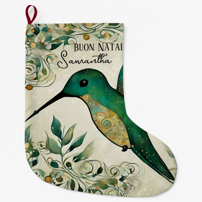 Custom Buon Natale Italian Green Hummingbird  Large Christmas Stocking (Front)