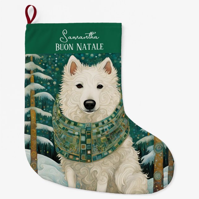 Custom Buon Natale Italian White Wolf Large Christmas Stocking (Front)