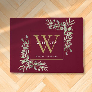 Custom Burgundy And Gold Monogram Greenery Floral Doormat