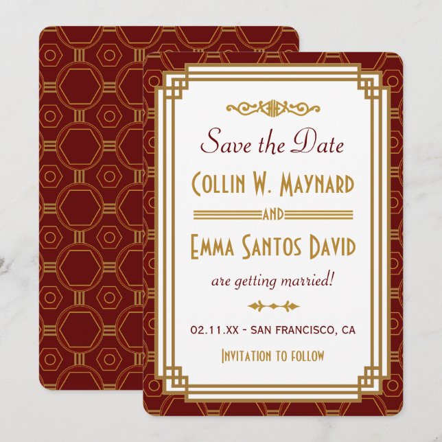 Custom Burgundy Art Deco Save The Date Invitation (Front/Back)