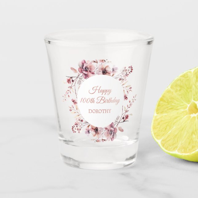 Custom Burgundy Dusty Pink Floral 100th Birthday Shot Glass (Front)