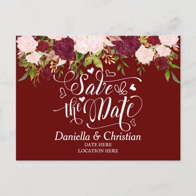 Custom Burgundy Floral  Save The Date Announcement Postcard (Front)