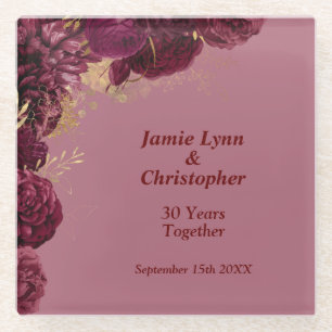 Custom Burgundy Floral Wedding Anniversary Glass Coaster