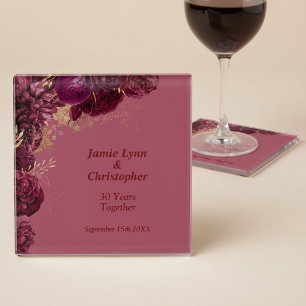 Custom Burgundy Floral Wedding Anniversary Glass Coaster