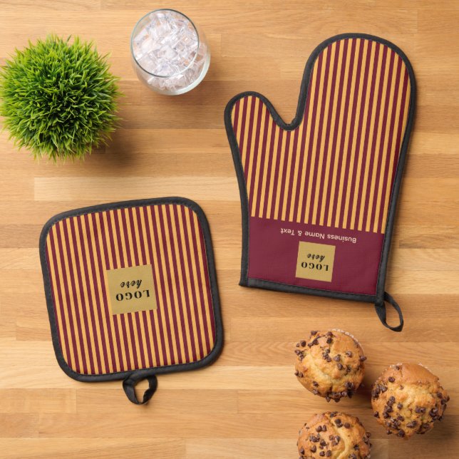 Custom Burgundy & Gold Stripe Oven Mitt & Pot Holder Set (Top Down)