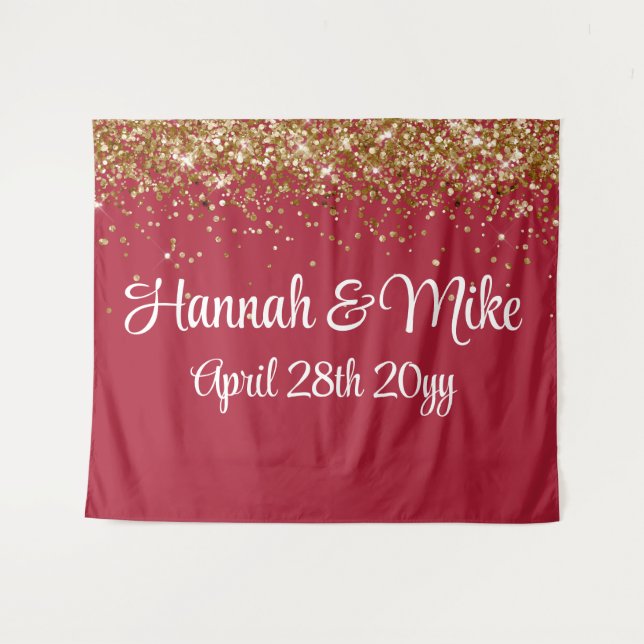 Custom Burgundy Gold Wedding Backdrop Photo Booth Tapestry (Front (Horizontal))