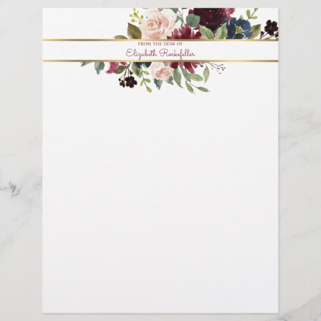 Custom Burgundy Navy Gold Boho Floral Bouquet Letterhead (Front)