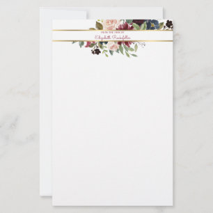Custom Burgundy Navy Gold Boho Floral Bouquet Stationery