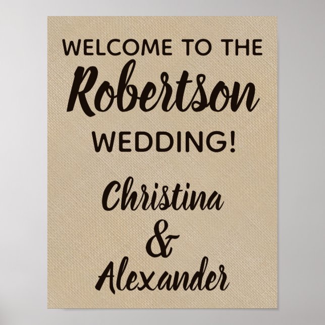 Custom Burlap Rustic Vintage Wedding Welcome Sign (Front)