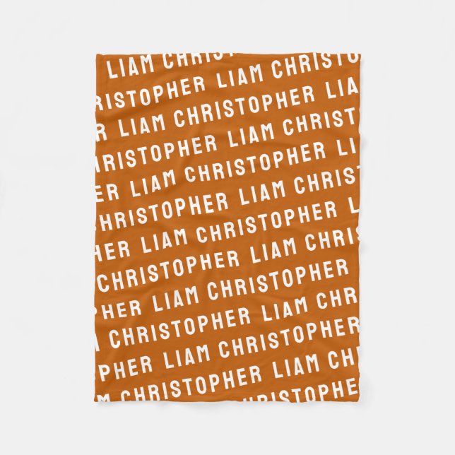 Custom Burnt Orange Personalised Baby Name Gift Fleece Blanket (Front)