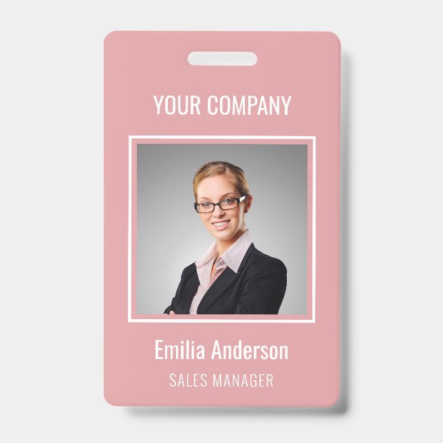 Custom Business Basic Employee Name Photo Pink ID Badge (Front)