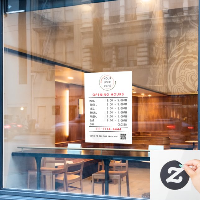 Custom Business Hours Window Cling with Logo & QR  (Cafe Window)
