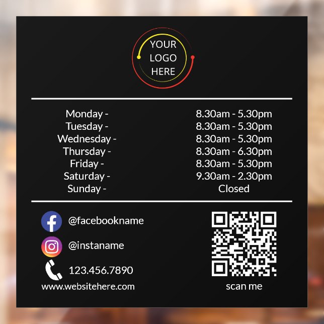 Custom Business Hours Window Cling with Logo & QR  (Sheet 2)
