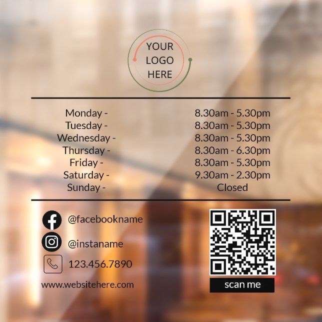 Custom Business Hours Window Cling with Logo & QR  (Sheet 2)