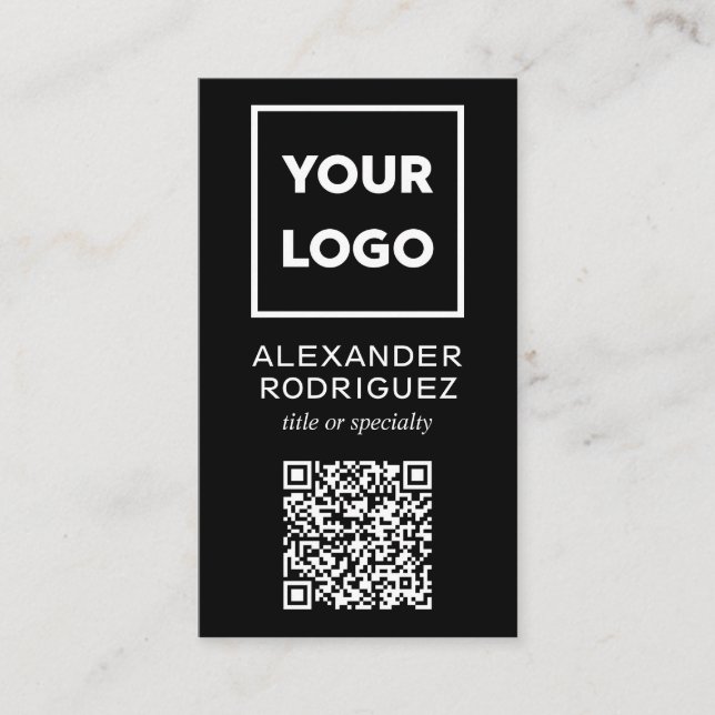 Custom Business Logo and QR Code Modern Black Business Card (Front)