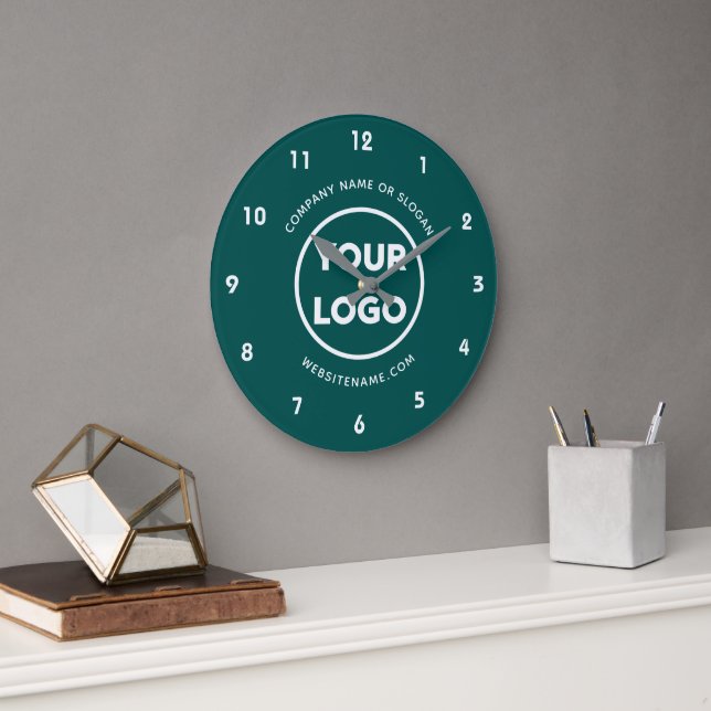 Custom Business Logo and Text Teal Background Large Clock (Office)