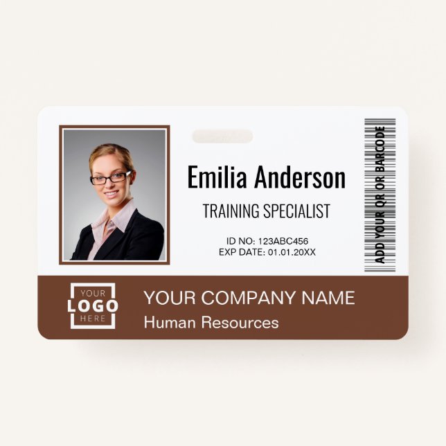 Custom Business Logo Bar Code Employee Photo Brown ID Badge (Front)