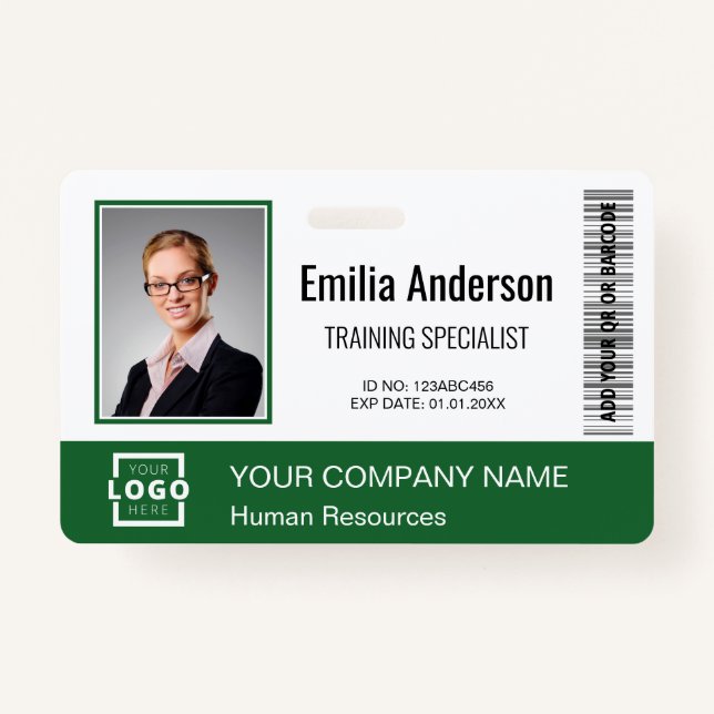Custom Business Logo Bar Code Employee Photo Green ID Badge (Front)