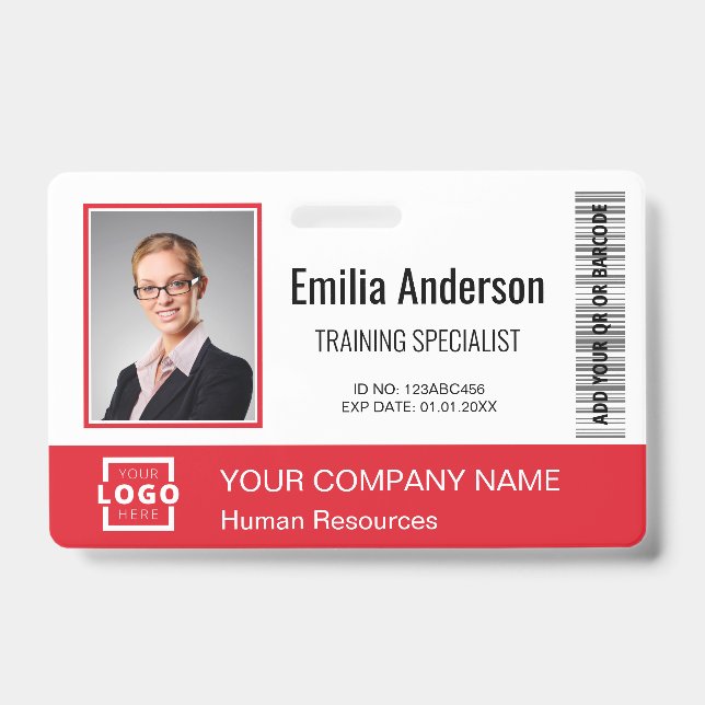 Custom Business Logo Bar Code Employee Photo Red ID Badge (Front)