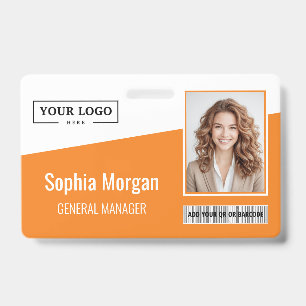 Custom Business Logo Barcode Photo Employee Orange ID Badge