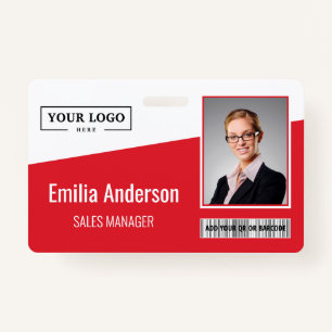 Custom Business Logo Barcode Photo Employee Red ID Badge