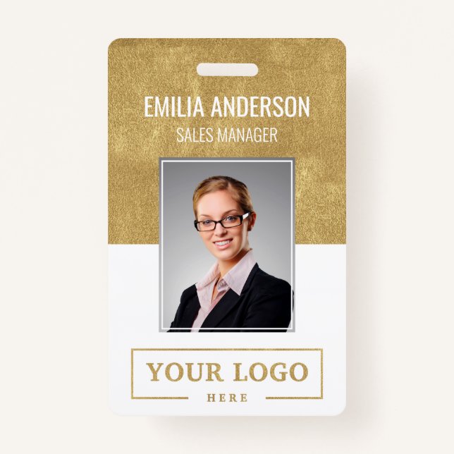 Custom Business Logo Basic Employee Photo Gold ID Badge (Front)