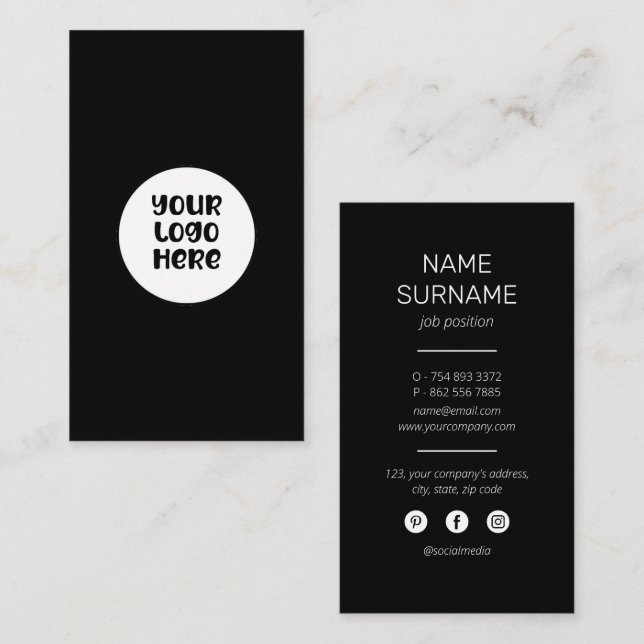 Custom Business Logo Black Professional Modern   Business Card (Front/Back)