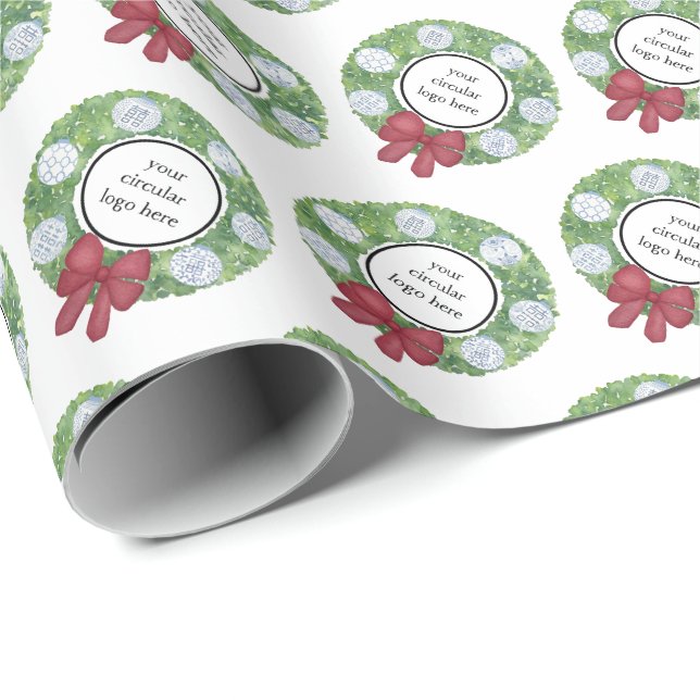 Custom Business Logo Christmas Wreath Blue White Wrapping Paper (Roll Corner)