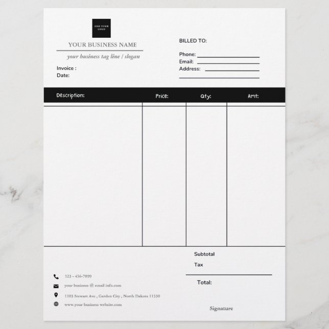 Custom Business Logo Contractor Invoice Letterhead (Front)