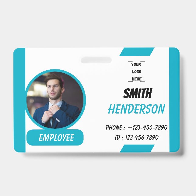 Custom Business Logo Employee Photo Blue ID Badge (Front)
