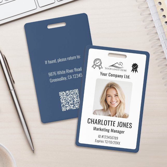 Custom Business Logo Employee QR Code Blue ID Badge (Creator Uploaded)