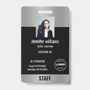 Custom Business Logo Glam Silver & Black Photo ID Badge